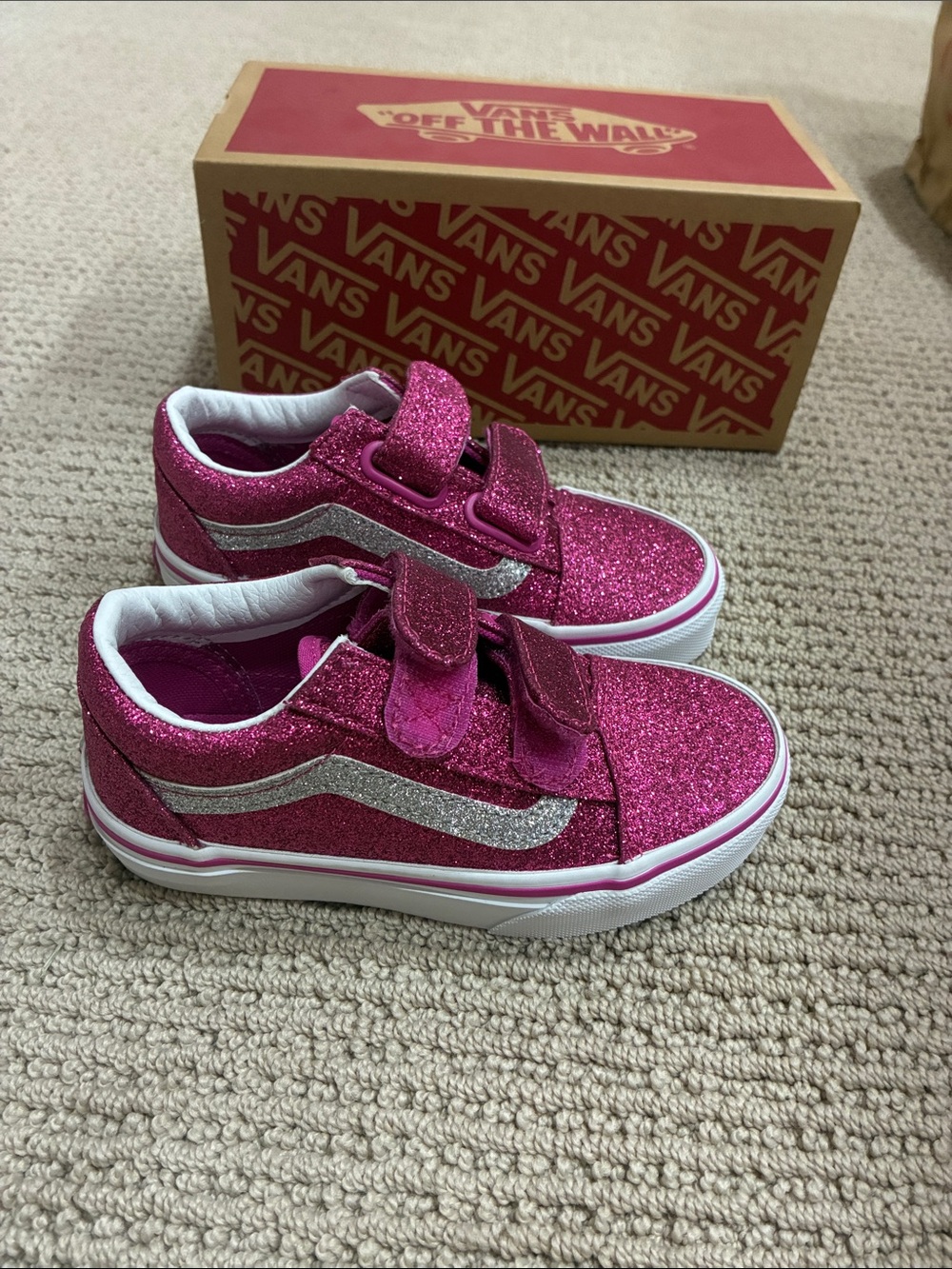Vans Kids Pink Glitter Velcro Old Skool Sneakers